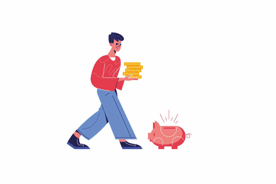 personnage ayant de l'argent dans les mains et l'emmenant vers une tirelire en forme de cochon