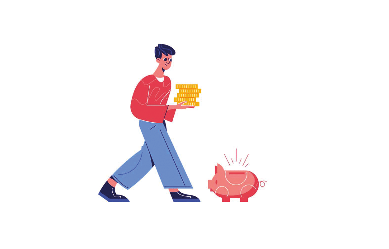 personnage ayant de l'argent dans les mains et l'emmenant vers une tirelire en forme de cochon