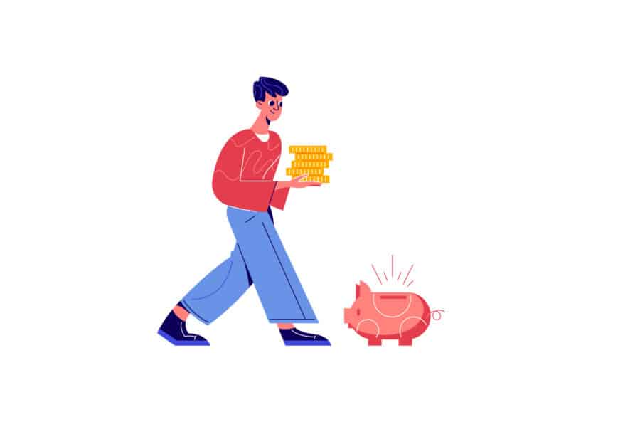 personnage ayant de l'argent dans les mains et l'emmenant vers une tirelire en forme de cochon